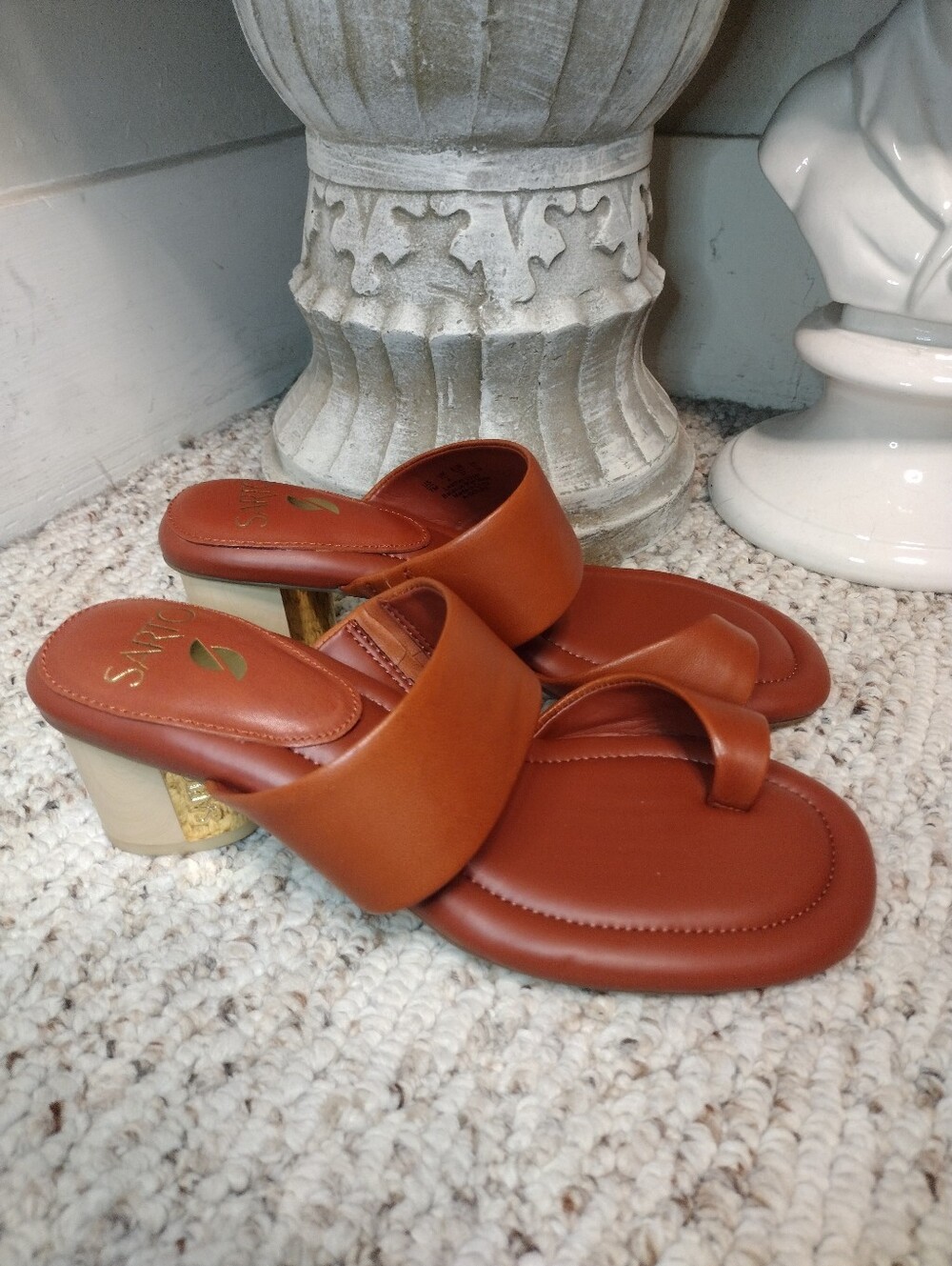 Franco Sarto Goldie Chestnut Brown Leather Block Heeled Slide Sandals